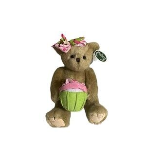 Bearington Collection Casey Cupcake Birthday Teddy Bear 10" Pink Green Bow New